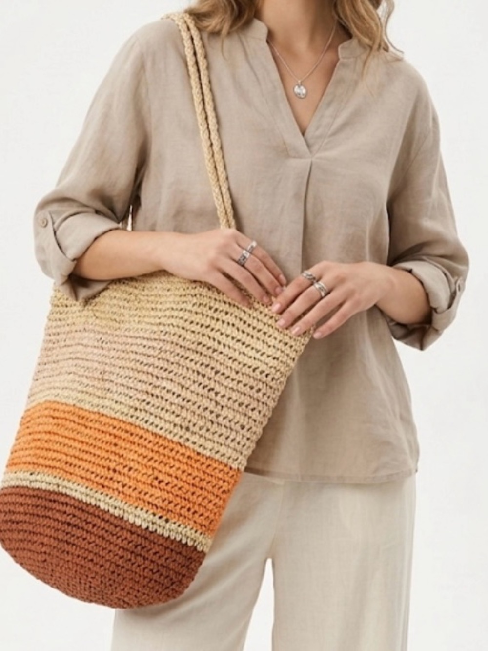 Handwoven Straw Tote Bag in Beige, Orange & Brown